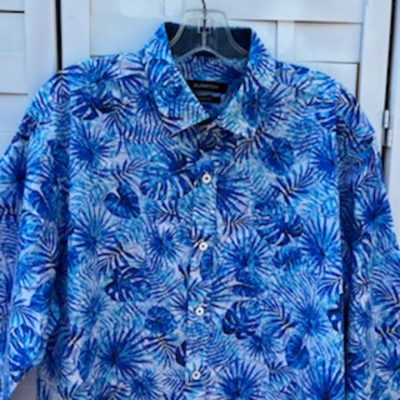 BUGATCHI CLASSIC FIT BUTTON FLIP CUFF BLUE PALM LEAVES SHIRT LARGE - Picture 3 of 16